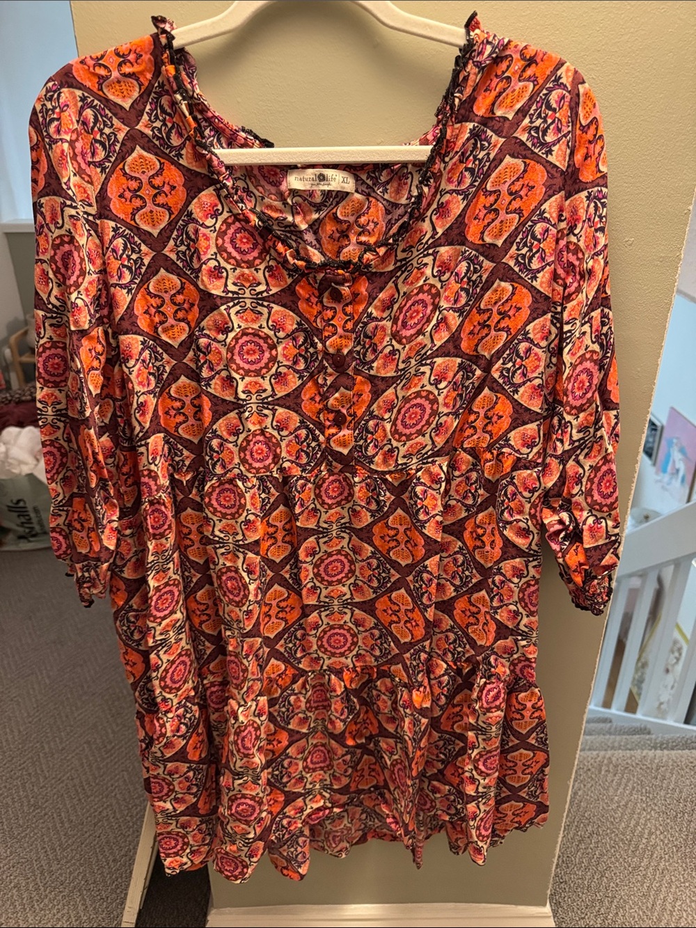 NATURAL LIFE Orange & Pink Boho Medallion Long Sleeve Dress